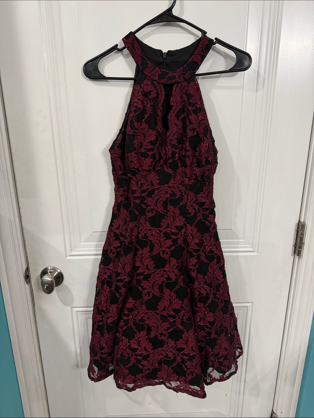 Sleeveless Black & Burgundy Lace Fit-and-Flare Dress